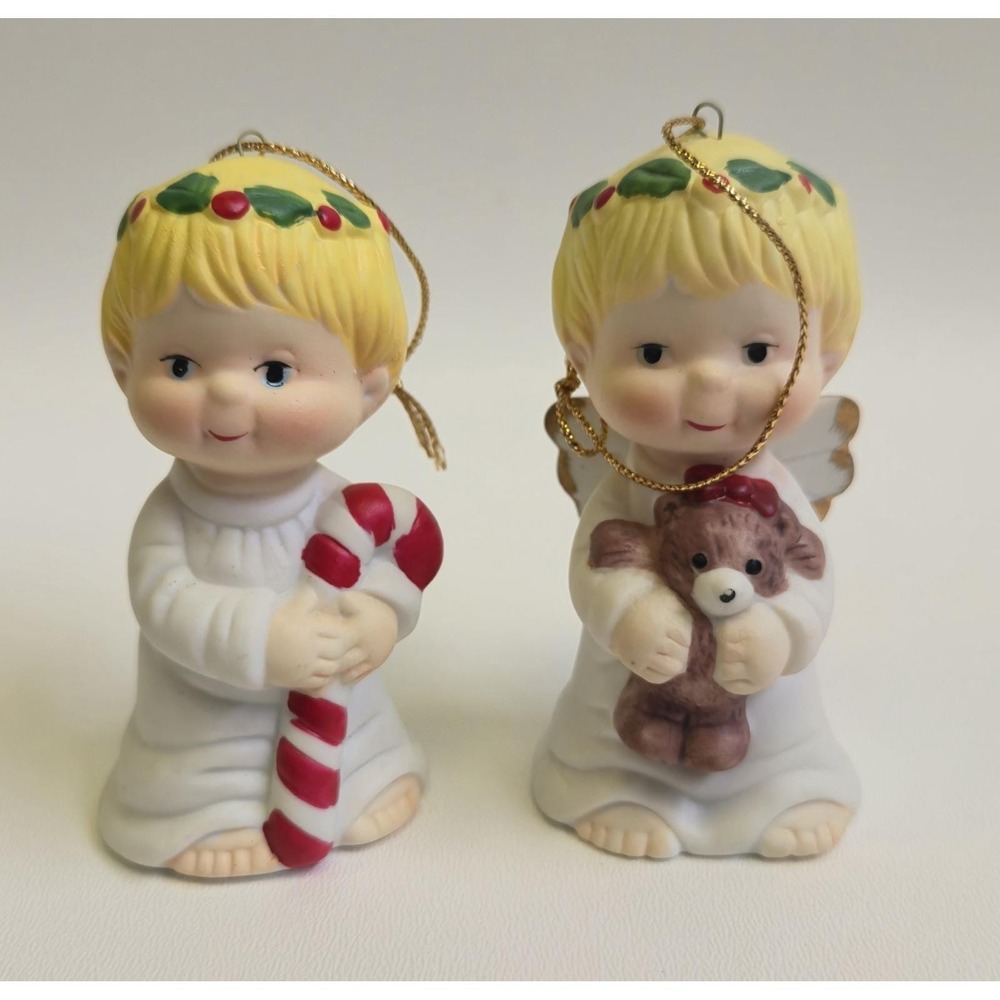Jamestown Cherubs Vintage Porcelain Christmas Ornaments / Teddy Bear Candy Canes